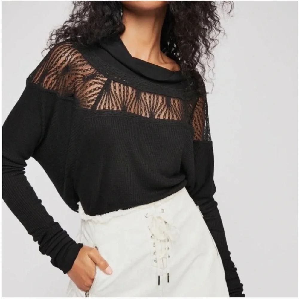 Free People Spring Valley Lace Trim Black Thermal Knit Top Size Small